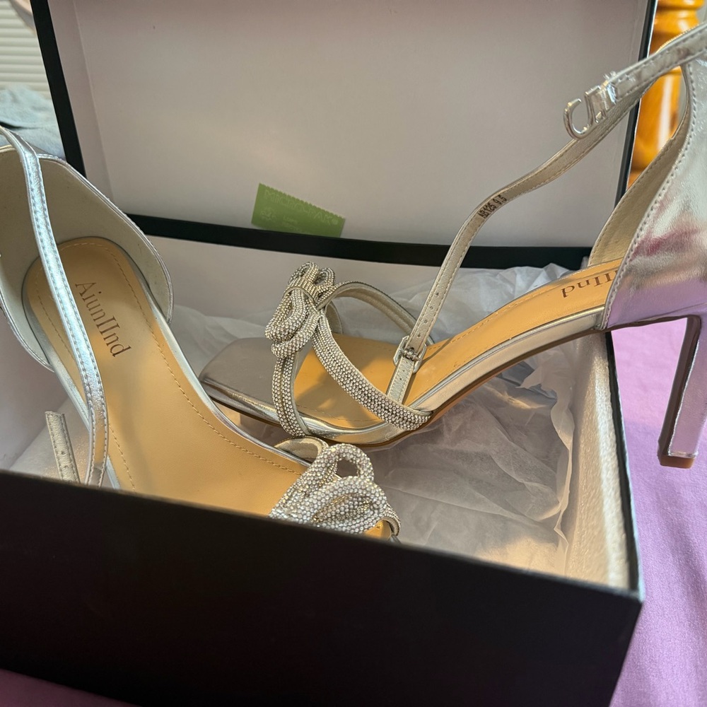 Silver Embellished Open-Toe Heel Sandals